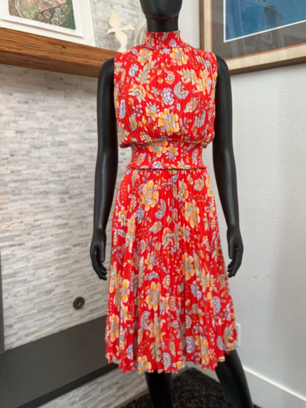 Nanette Lepore Pleated Saffron Sun Print Midi Dress